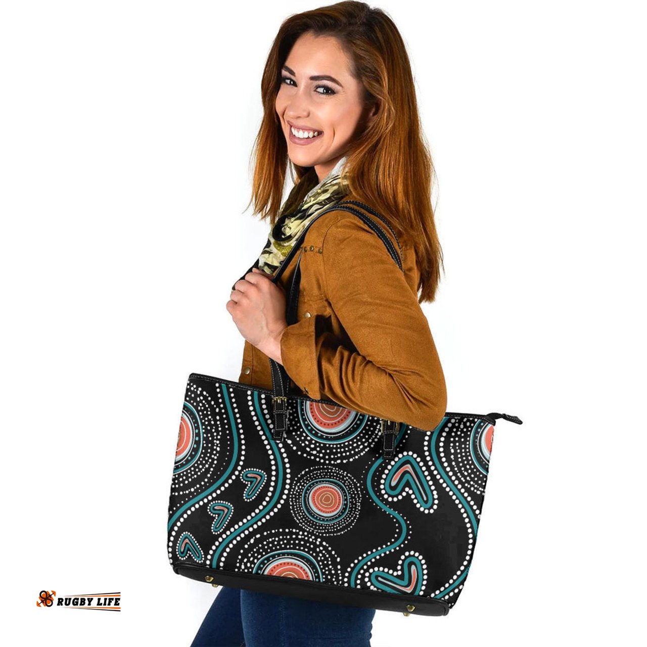 Indigenous Australian Aboriginal Aboriginal Green Dot Patterns Art Painting Leather Tote Bag