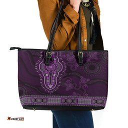 Purple African Dashiki With Australia Aboriginal Art Leather Tote Bag