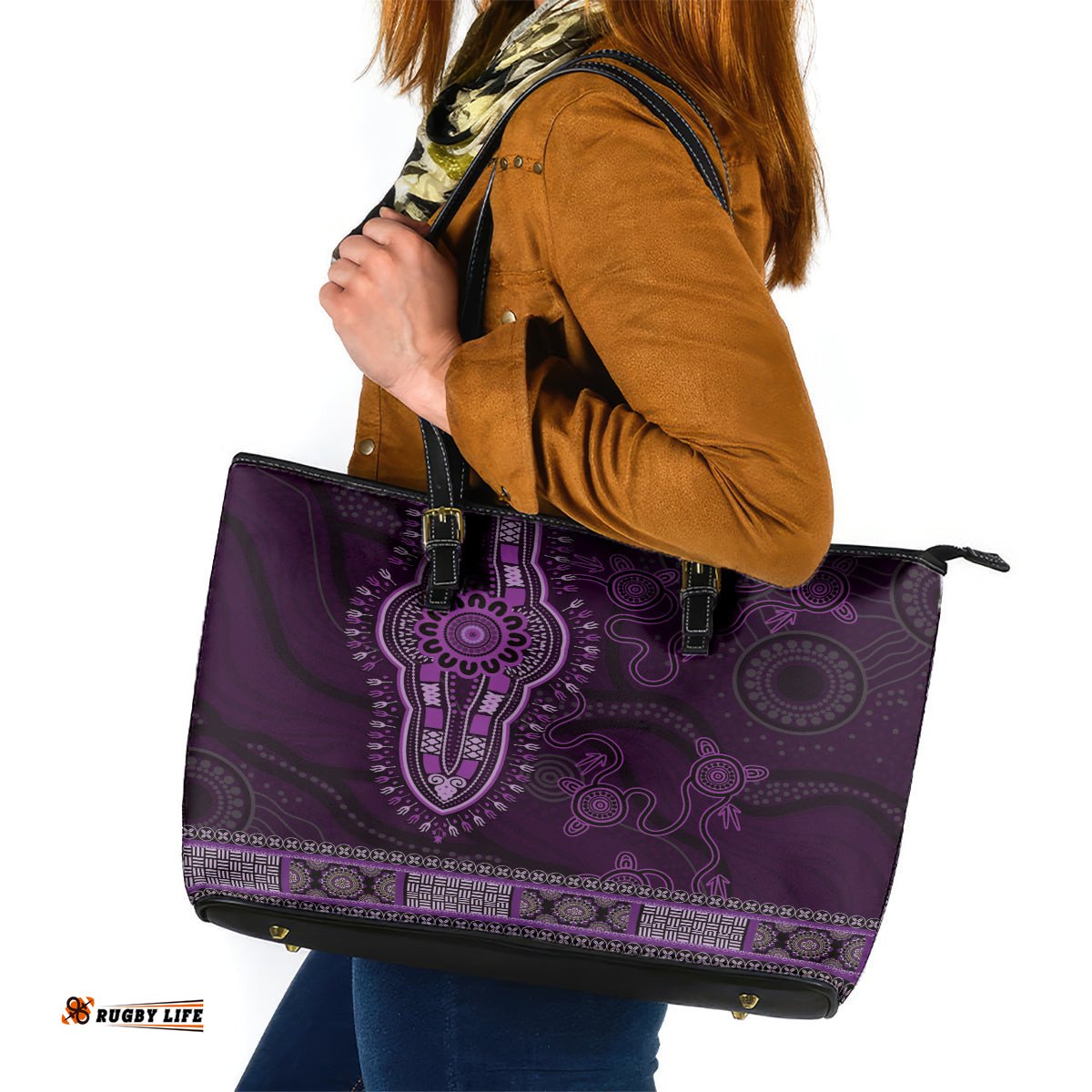 Purple African Dashiki With Australia Aboriginal Art Leather Tote Bag