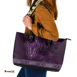 Purple African Dashiki With Australia Aboriginal Art Leather Tote Bag