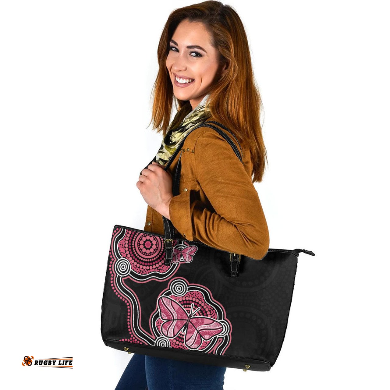 Indigenous Australian Aboriginal Aboriginal Butterfly Dot Art Inspired Leather Tote Bag