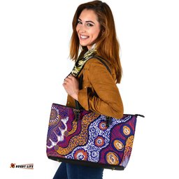 Indigenous Australian Aboriginal Desert Bloom Dreaming Leather Tote Bag