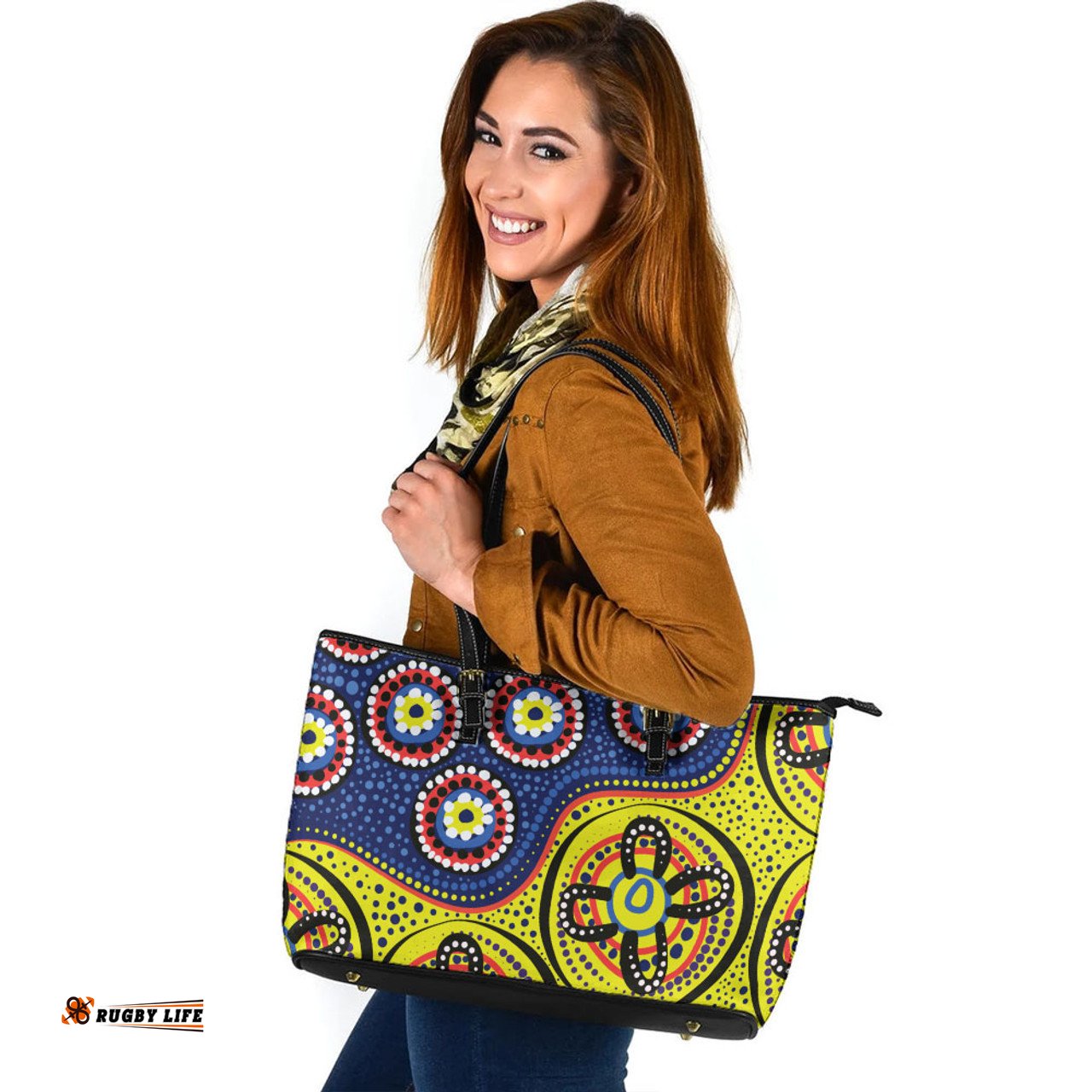 Indigenous Australian Aboriginal A Bright And Colorful Background With Aboriginal Inspired Dot Art Leather Tote Bag