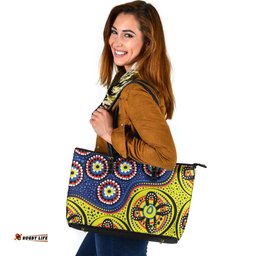 Indigenous Australian Aboriginal A Bright And Colorful Background With Aboriginal Inspired Dot Art Leather Tote Bag