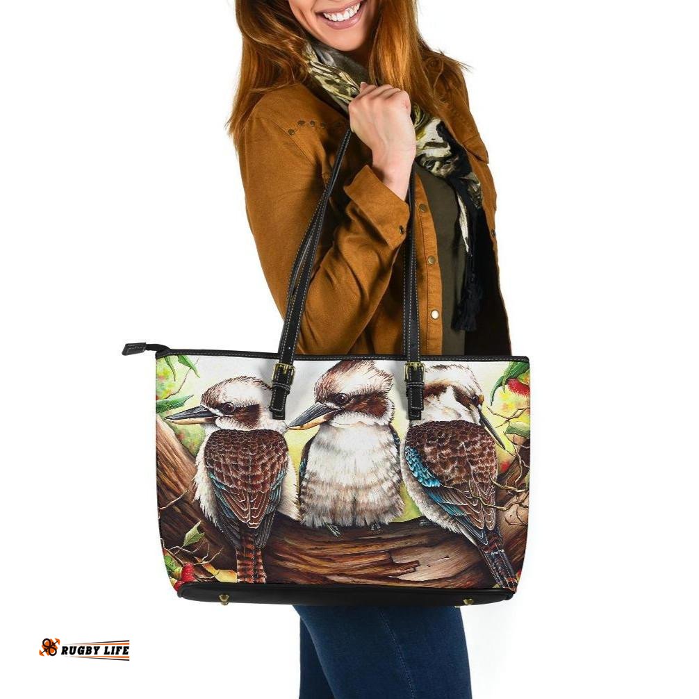 Large Leather Tote Bag - Kookaburra with Waratah