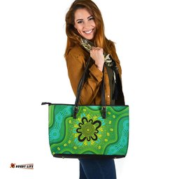 Indigenous Australian Aboriginal Sacred Gathering Bloom On Ancestral Green Pathways Leather Tote Bag