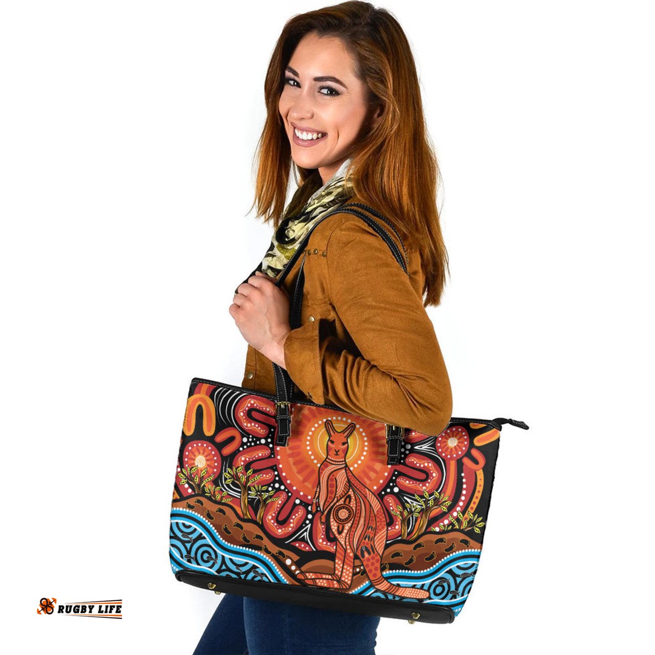 Indigenous Australian Aboriginal Aboriginal Inspired Kangaroo Dreaming Dot Painting Pattern Leather Tote Bag