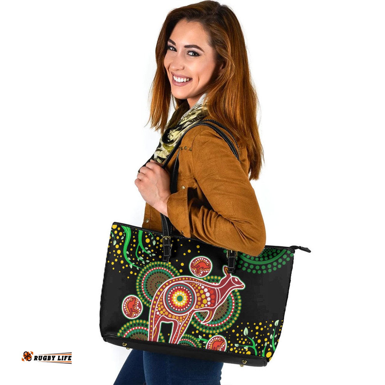 Indigenous Australian Aboriginal Aboriginal Plant With Kangaroo Colorful Art Leather Tote Bag
