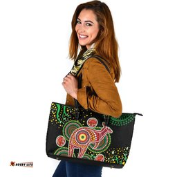 Indigenous Australian Aboriginal Aboriginal Plant With Kangaroo Colorful Art Leather Tote Bag