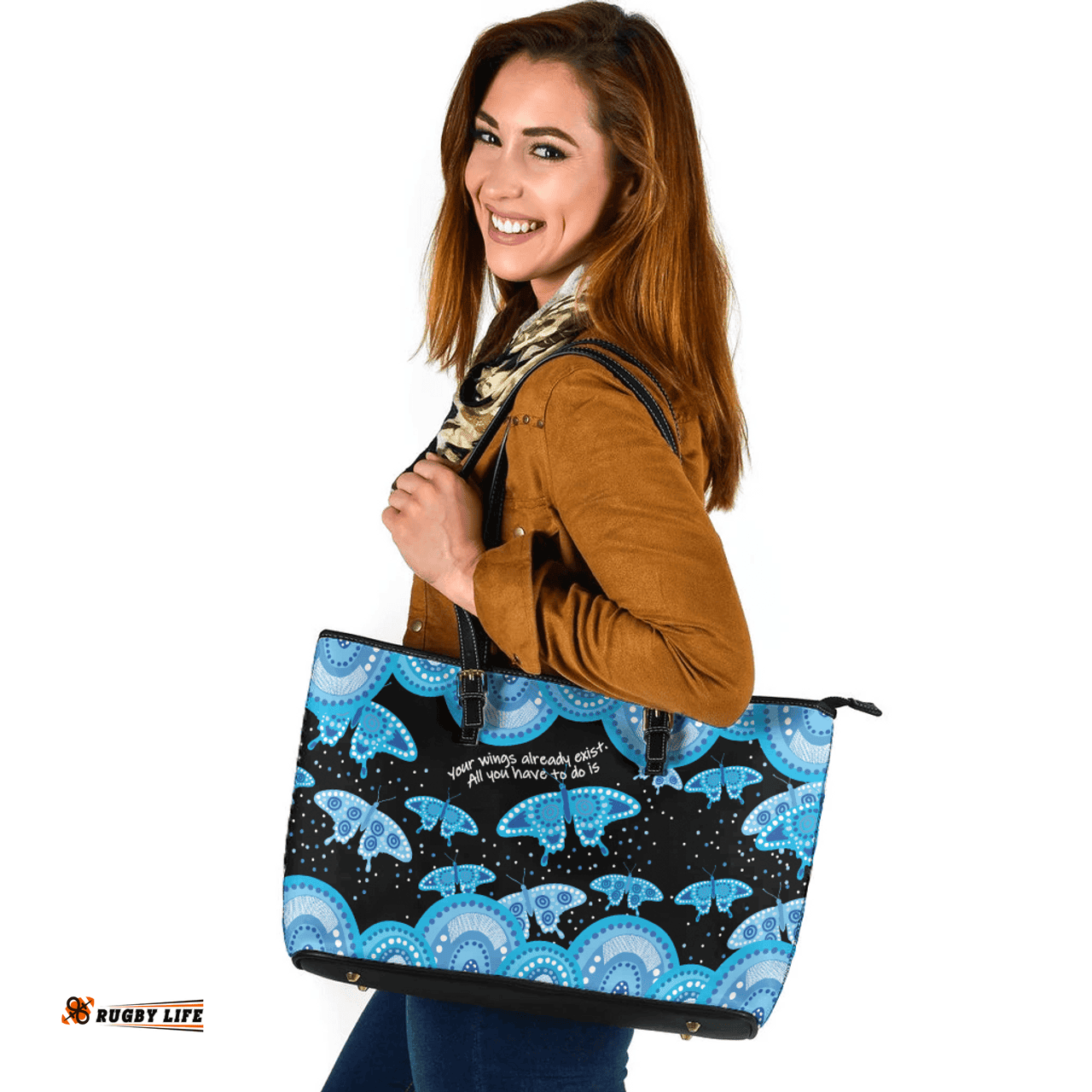 Indigenous Australian Aboriginal Aboriginal Butterflies Art Inspired Blue Leather Tote Bag