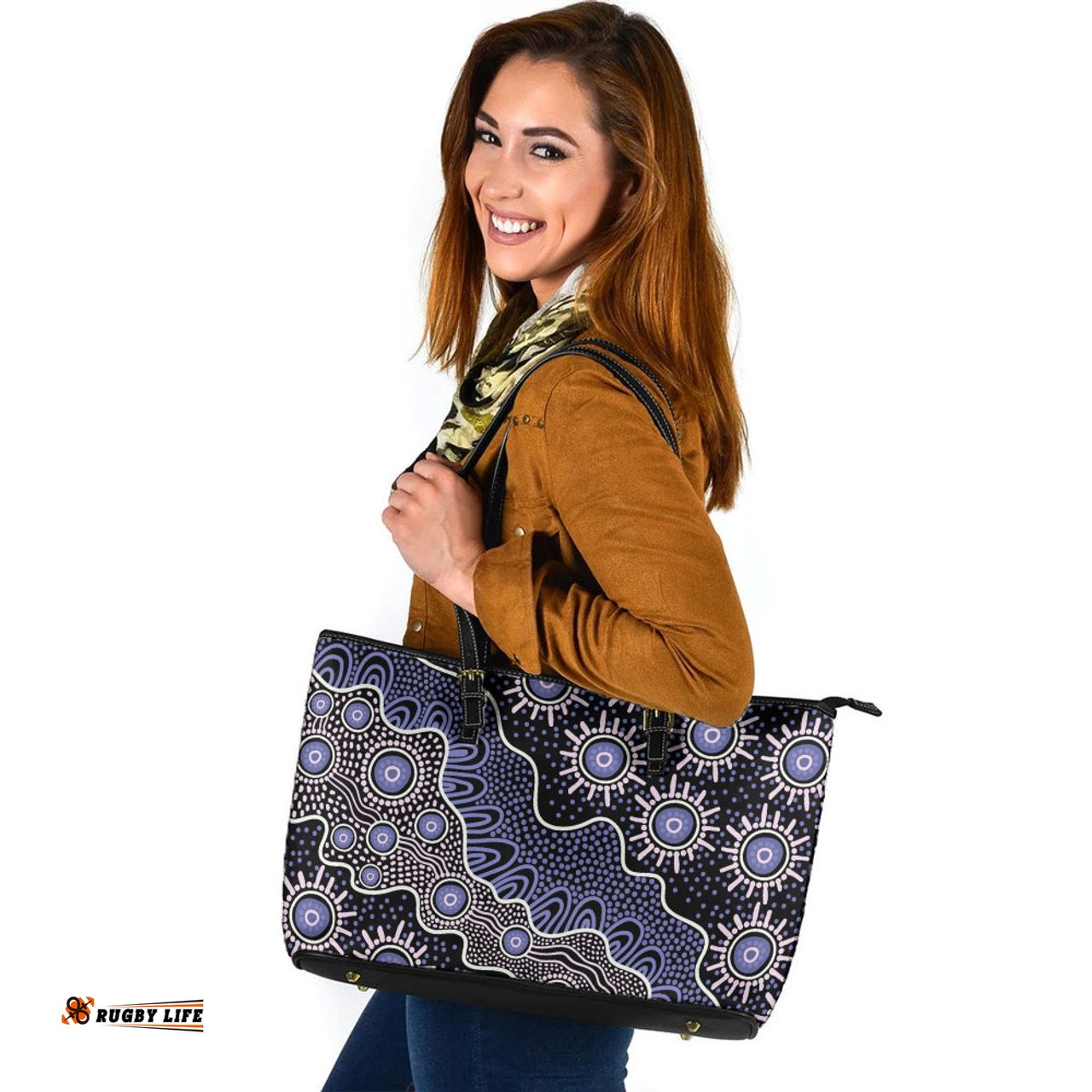 Indigenous Australian Aboriginal Aboriginal Starry Night With Flowing Riverlines Leather Tote Bag