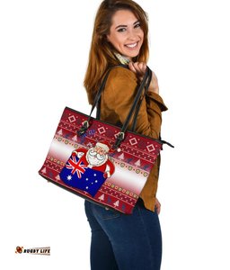 Christmas Personalised Large Leather Tote Bags - Australia Santa Claus Hold The Flag  Red
