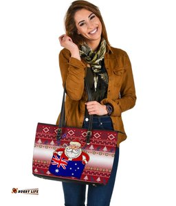 Christmas Personalised Large Leather Tote Bags - Australia Santa Claus Hold The Flag  Red
