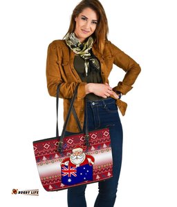 Christmas Personalised Large Leather Tote Bags - Australia Santa Claus Hold The Flag  Red