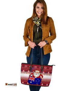 Christmas Personalised Large Leather Tote Bags - Australia Santa Claus Hold The Flag  Red