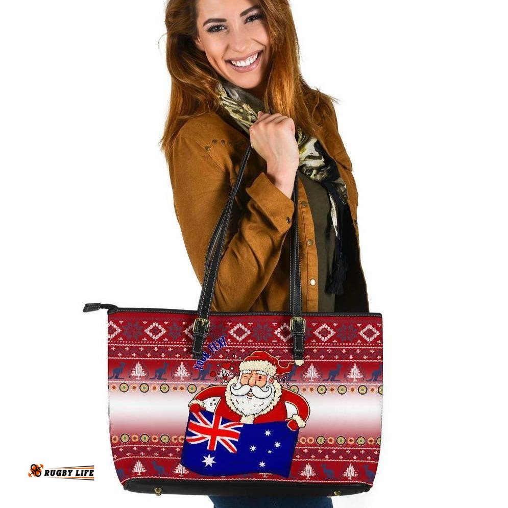 Christmas Personalised Large Leather Tote Bags - Australia Santa Claus Hold The Flag  Red