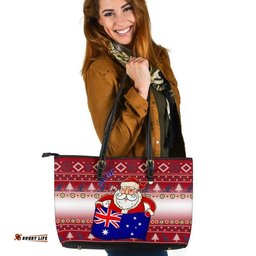 Christmas Personalised Large Leather Tote Bags - Australia Santa Claus Hold The Flag  Red