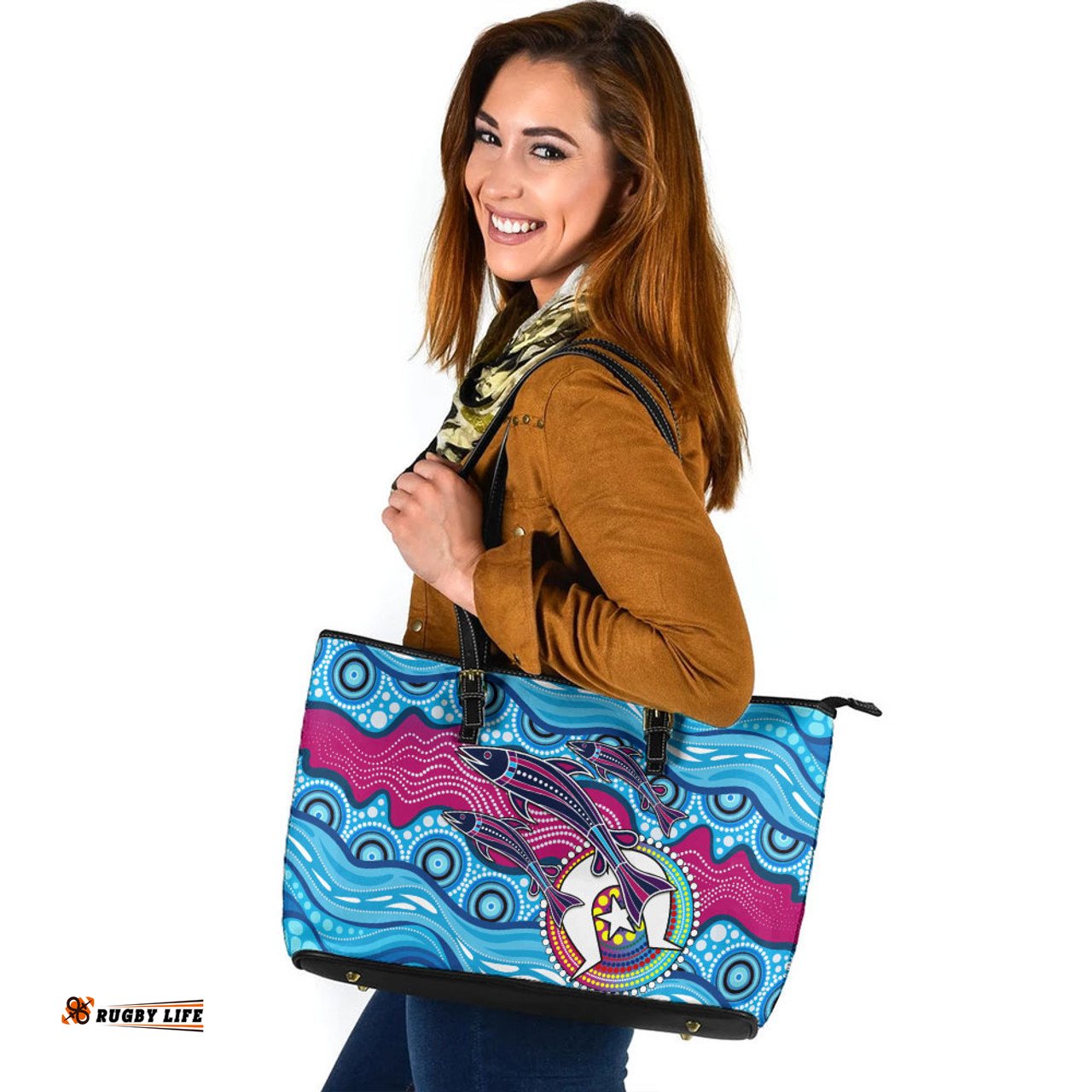 Indigenous Australian Aboriginal Aboriginal Art Painting Fishaholic Leather Tote Bag