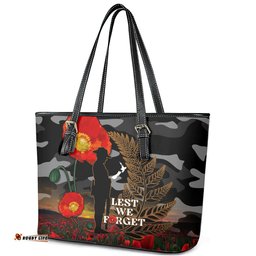 New Zealand ANZAC Day Leather Tote Bag Lest We Forget Silver Fern With Camouflage