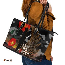 New Zealand ANZAC Day Leather Tote Bag Lest We Forget Silver Fern With Camouflage