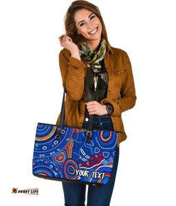 Custom Text Aboriginal Large Leather Tote Bag - Indigenous Footprint Patterns Blue Color