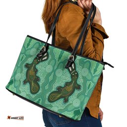 Aboriginal Dots Art Painting with Platypus Leather Tote Bag No 2