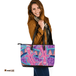 Indigenous Australian Aboriginal Platypus With Aboriginal Art Dot Painting Patterns Inspired Pink Leather Tote Bag