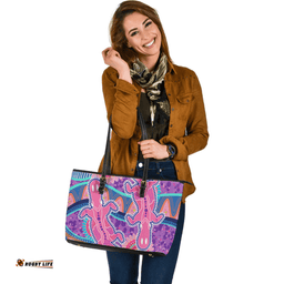 Indigenous Australian Aboriginal Platypus With Aboriginal Art Dot Painting Patterns Inspired Pink Leather Tote Bag
