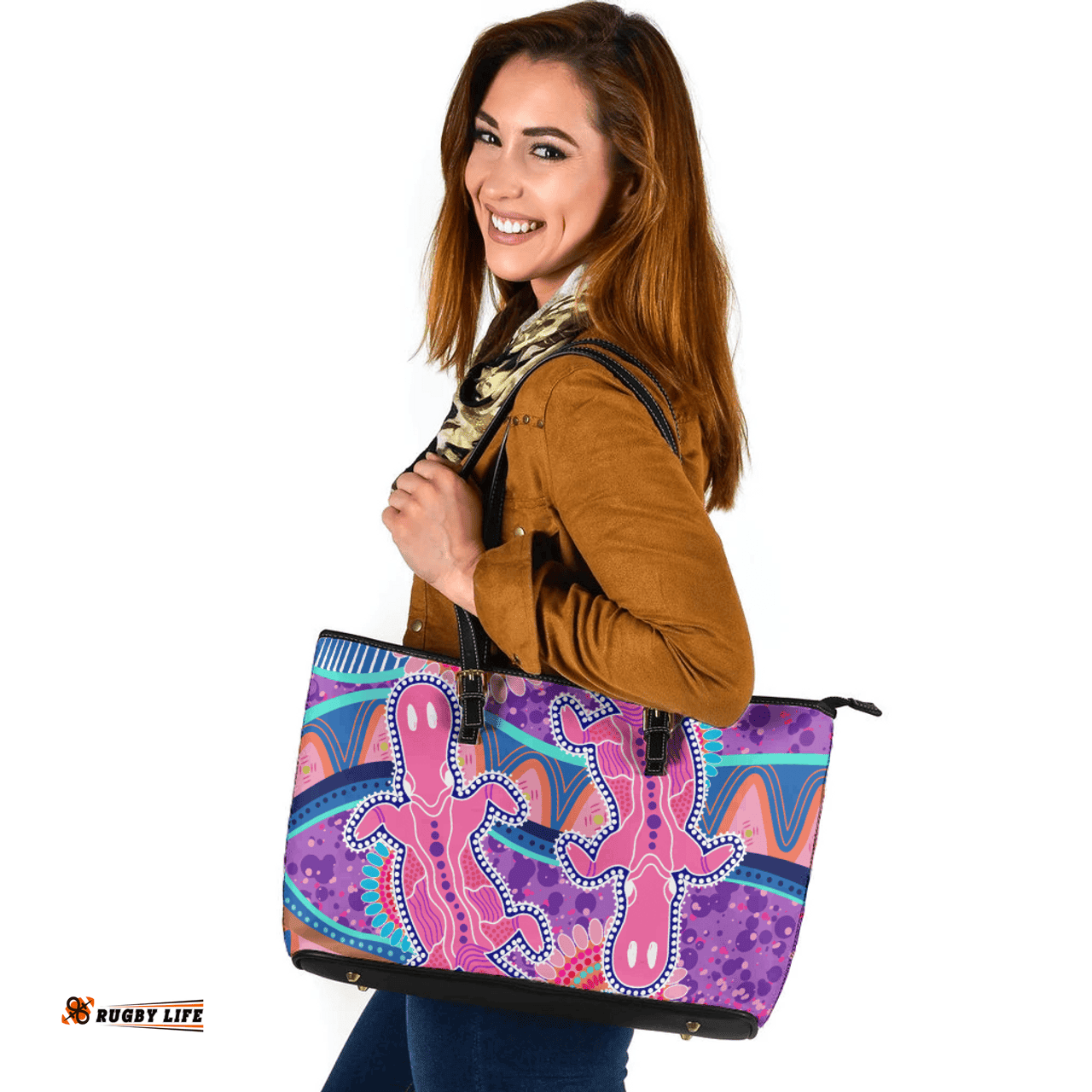 Indigenous Australian Aboriginal Platypus With Aboriginal Art Dot Painting Patterns Inspired Pink Leather Tote Bag