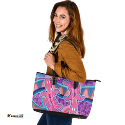 Indigenous Australian Aboriginal Platypus With Aboriginal Art Dot Painting Patterns Inspired Pink Leather Tote Bag