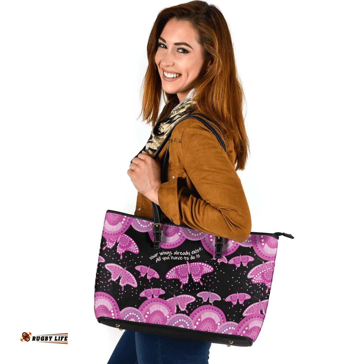 Indigenous Australian Aboriginal Aboriginal Butterflies Art Inspired Pink Leather Tote Bag