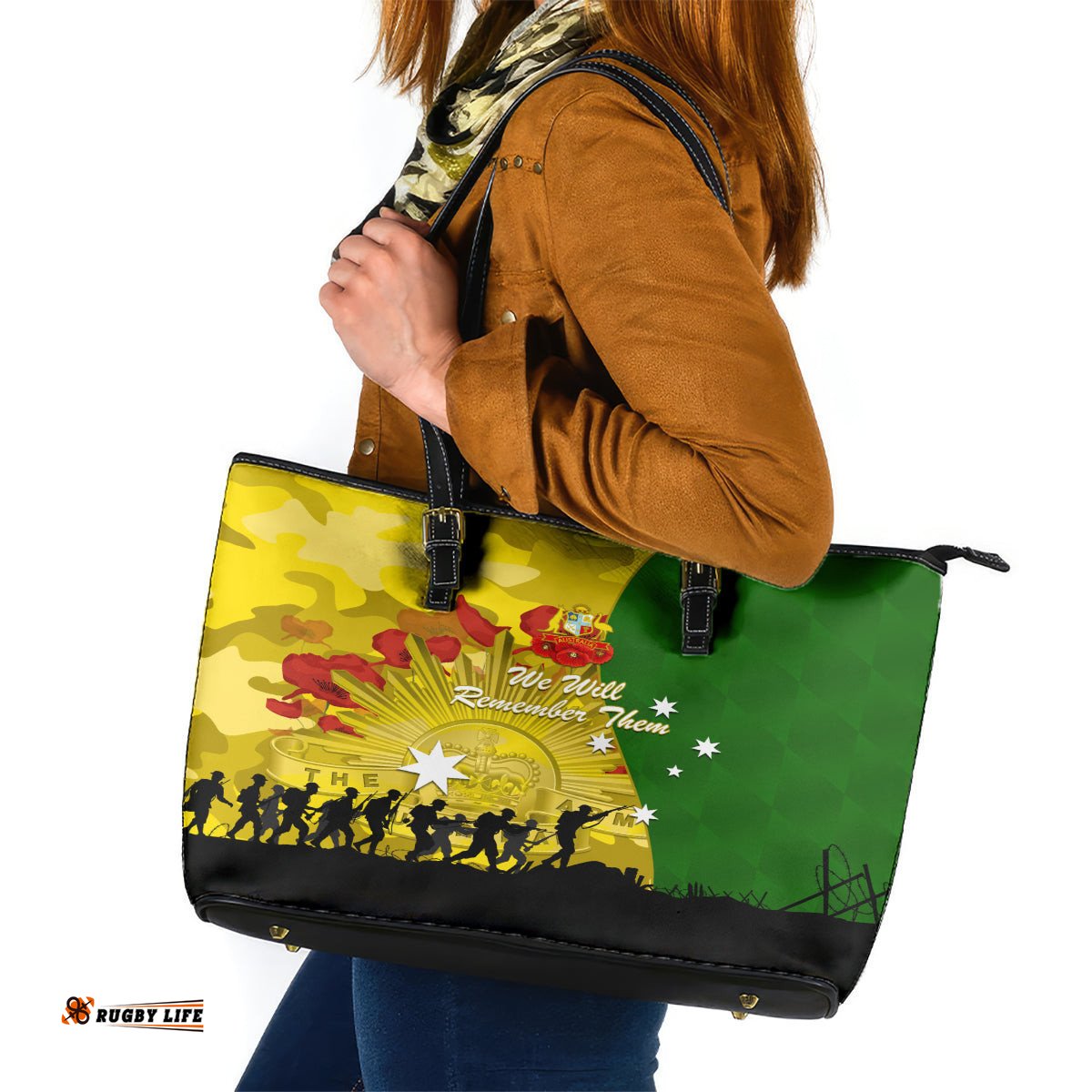Australia Cricket ANZAC Day 2024 Leather Tote Bag Australian Army Camouflage With Poppies