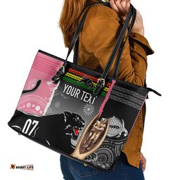Personalised Panther Rugby NRL Premiers Leather Tote Bag Panther Pride Black & Pink Aboriginal Mix Art