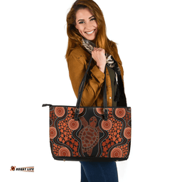 Indigenous Australian Aboriginal Aboriginal Art Color Turtle Inspired Orange Leather Tote Bag