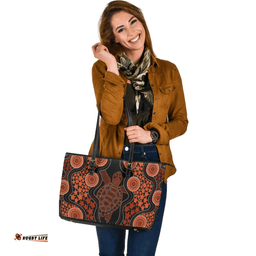 Indigenous Australian Aboriginal Aboriginal Art Color Turtle Inspired Orange Leather Tote Bag