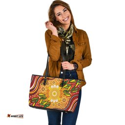 Indigenous Australian Aboriginal Golden Sun & Eucalyptus Dreaming Leather Tote Bag
