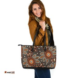 Indigenous Australian Aboriginal Aboriginal Earth Bloom With Outback Sun Circles Leather Tote Bag