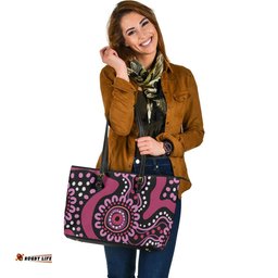 Indigenous Australian Aboriginal Pink Flowers Aboriginal Dot Art Leather Tote Bag