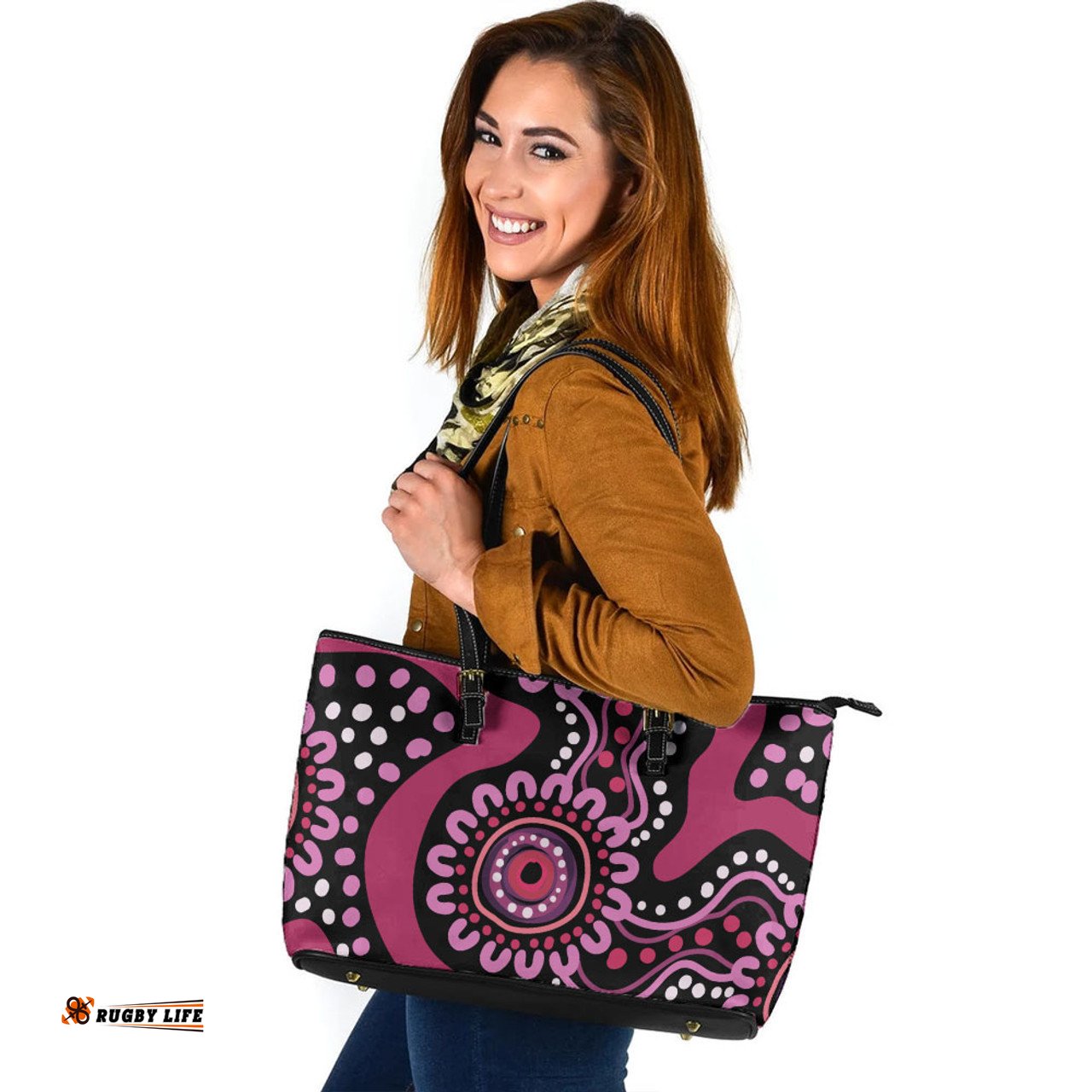 Indigenous Australian Aboriginal Pink Flowers Aboriginal Dot Art Leather Tote Bag