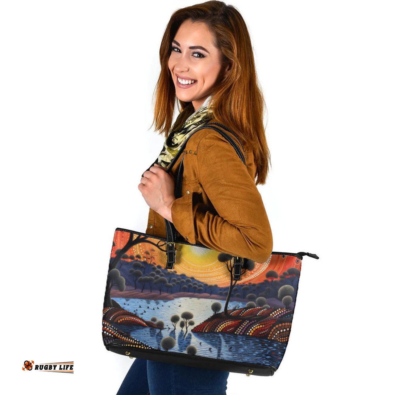 Indigenous Australian Aboriginal Aboriginal River In Circle and Dot Painting Leather Tote Bag