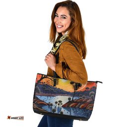 Indigenous Australian Aboriginal Aboriginal River In Circle and Dot Painting Leather Tote Bag