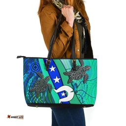 Leather Tote Bag - Torres Strait Flag And Turtle