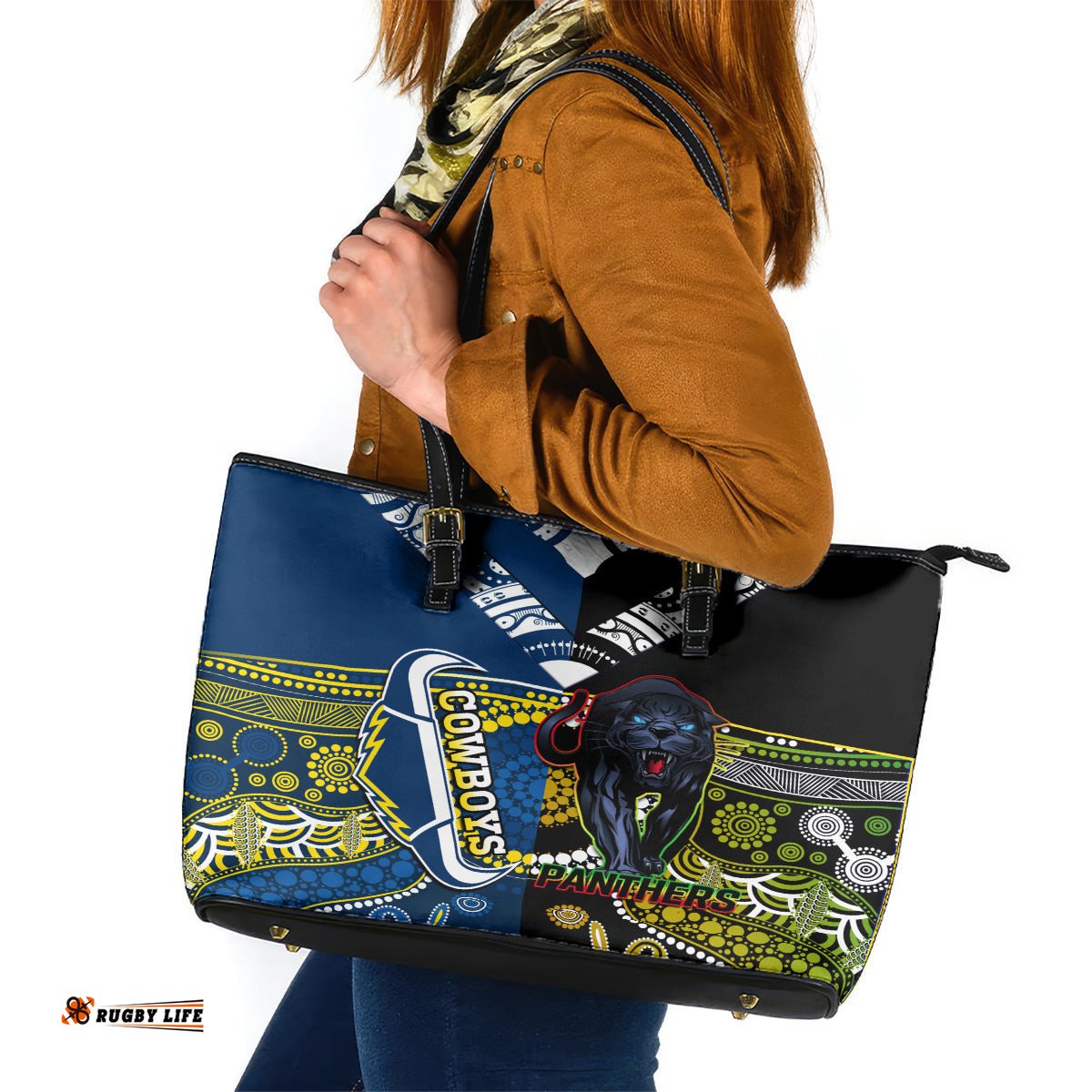 Panthers And Cowboys Rugby Leather Tote Bag Aboriginal Version
