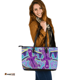 Indigenous Australian Aboriginal Platypus With Aboriginal Art Dot Painting Patterns Inspired Purple Leather Tote Bag