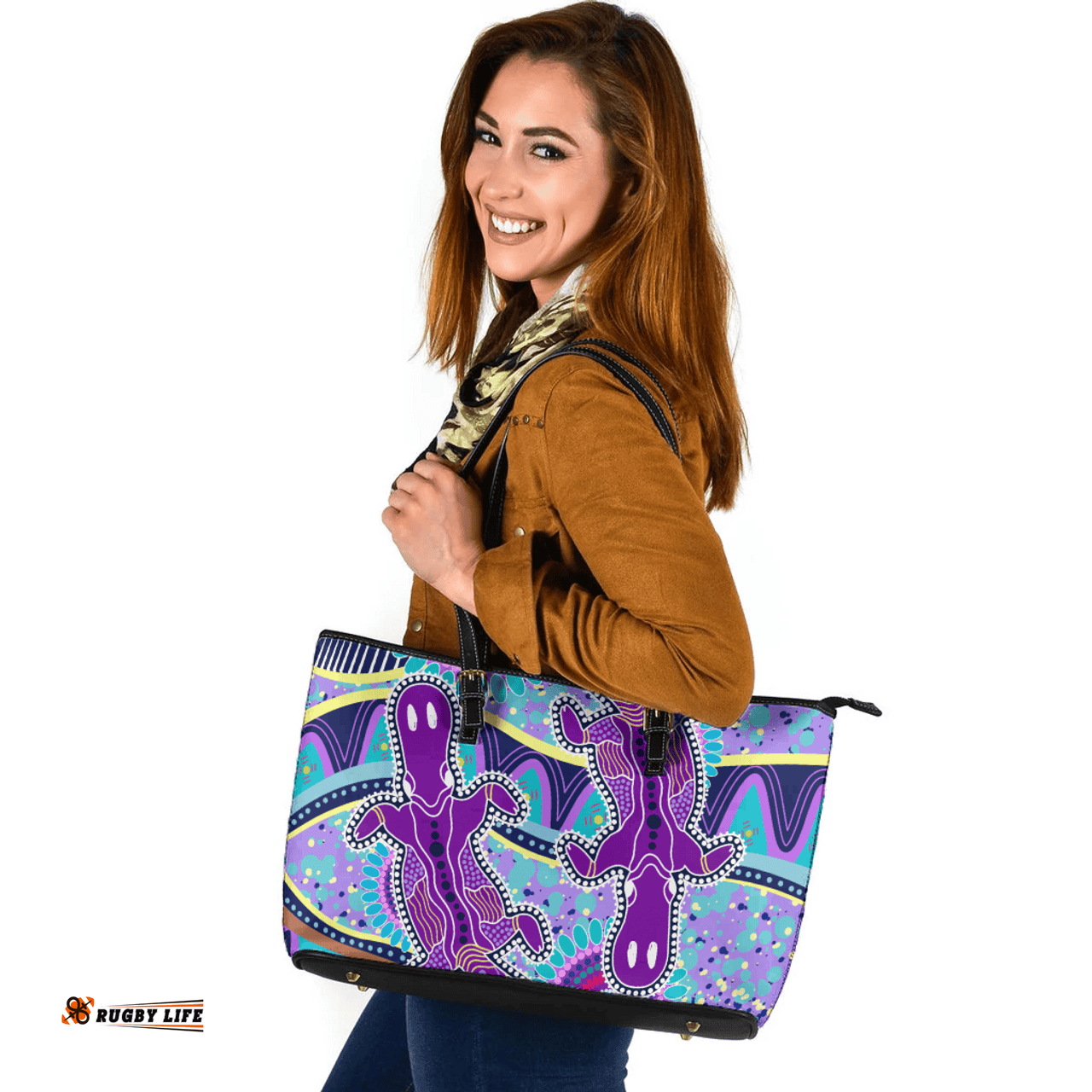 Indigenous Australian Aboriginal Platypus With Aboriginal Art Dot Painting Patterns Inspired Purple Leather Tote Bag