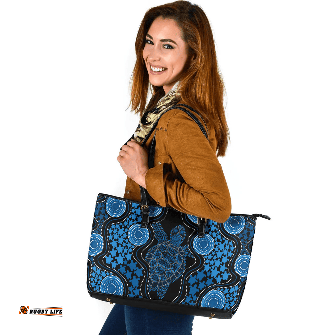 Indigenous Australian Aboriginal Aboriginal Art Color Turtle Inspired Blue Leather Tote Bag