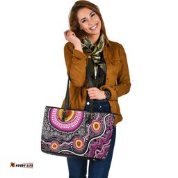 Indigenous Australian Aboriginal Aboriginal Sunrise Energy With Pink Sacred Dots Leather Tote Bag