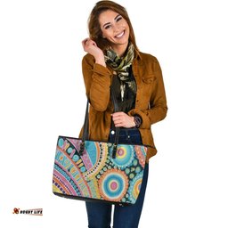 Indigenous Australian Aboriginal Color Harmony In Spiritual Dot Dance Leather Tote Bag