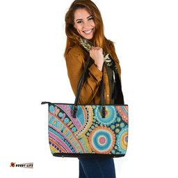 Indigenous Australian Aboriginal Color Harmony In Spiritual Dot Dance Leather Tote Bag