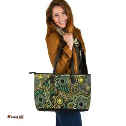 Indigenous Australian Aboriginal Aboriginal Art Style Green Background Leather Tote Bag